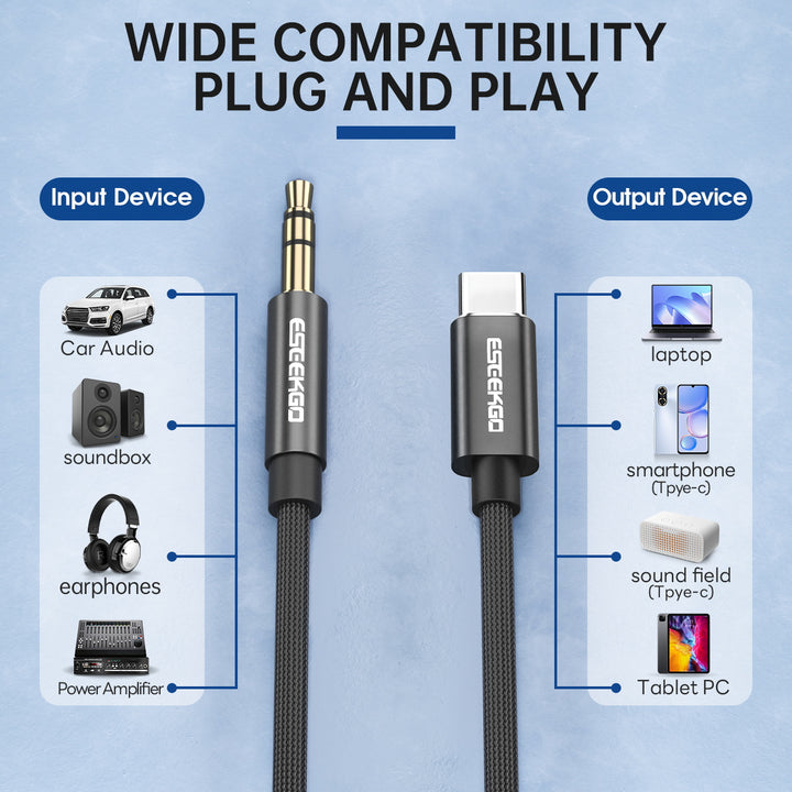 USB-C till 3,5 mm Aux Stereo Audio Bomullsnätflätad kabel - Svart, 1,2M