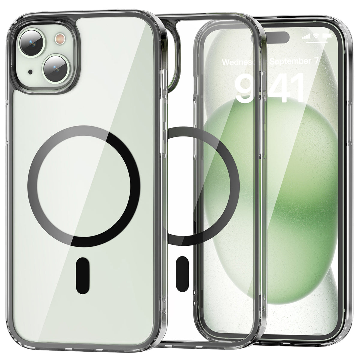 iPhone 15 Plus clear MagSafe case with black frame beside the iPhone it fits