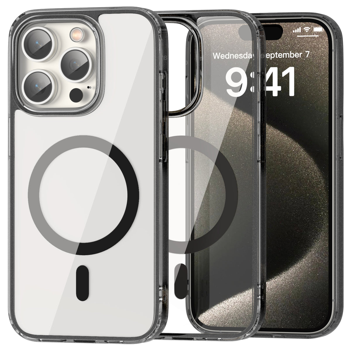 iPhone 15 Pro clear MagSafe case with black frame beside the iPhone it fits