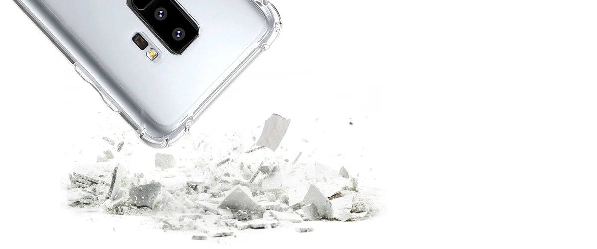 Crystal+ case corner absorbing a drop impact, close-up