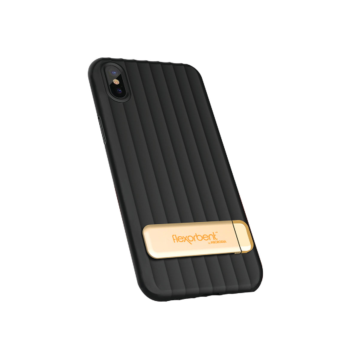 Black Royale iPhone X case, angled view of the ribbed back and kickstand
