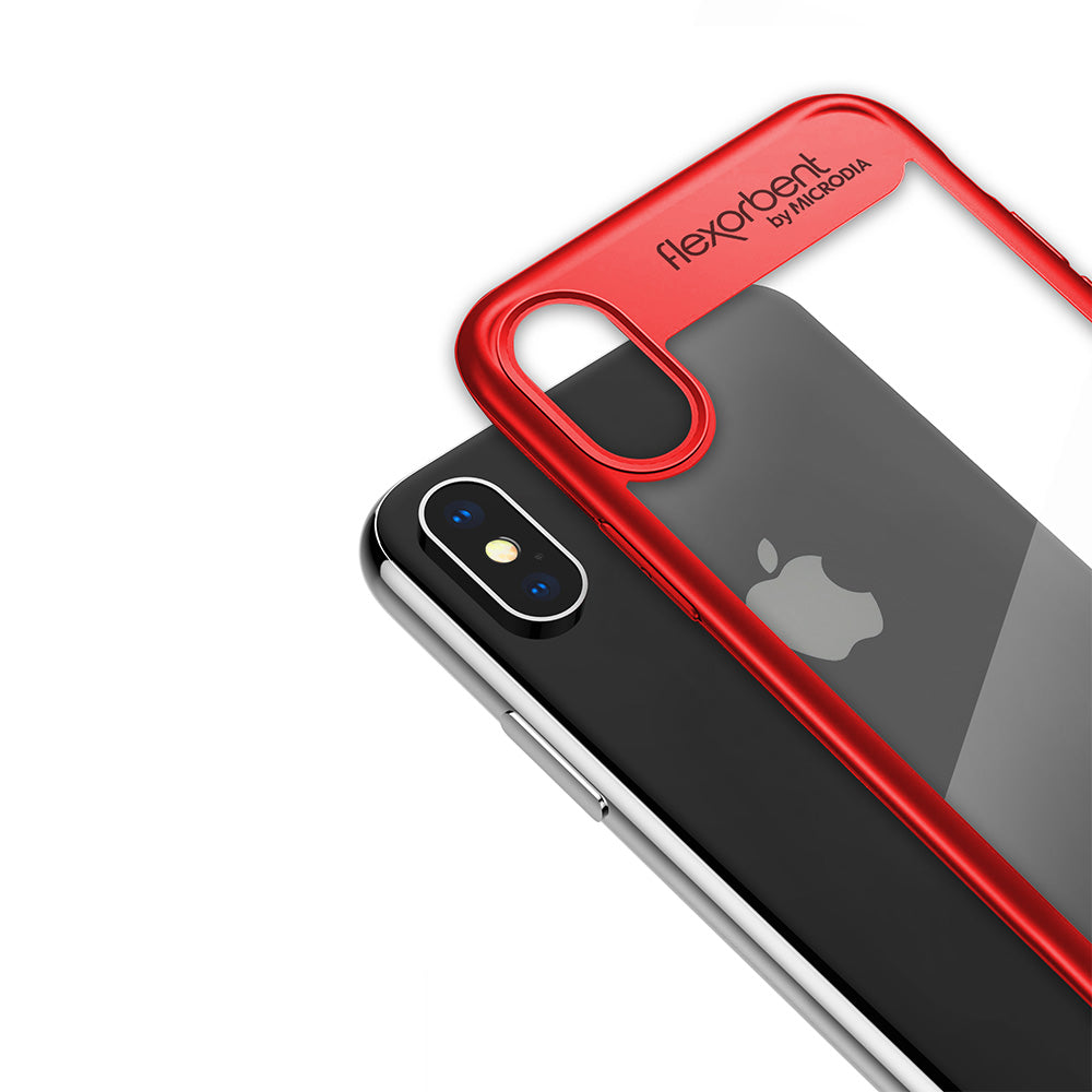 Red Saville case on a black iPhone X, close-up of the camera corner