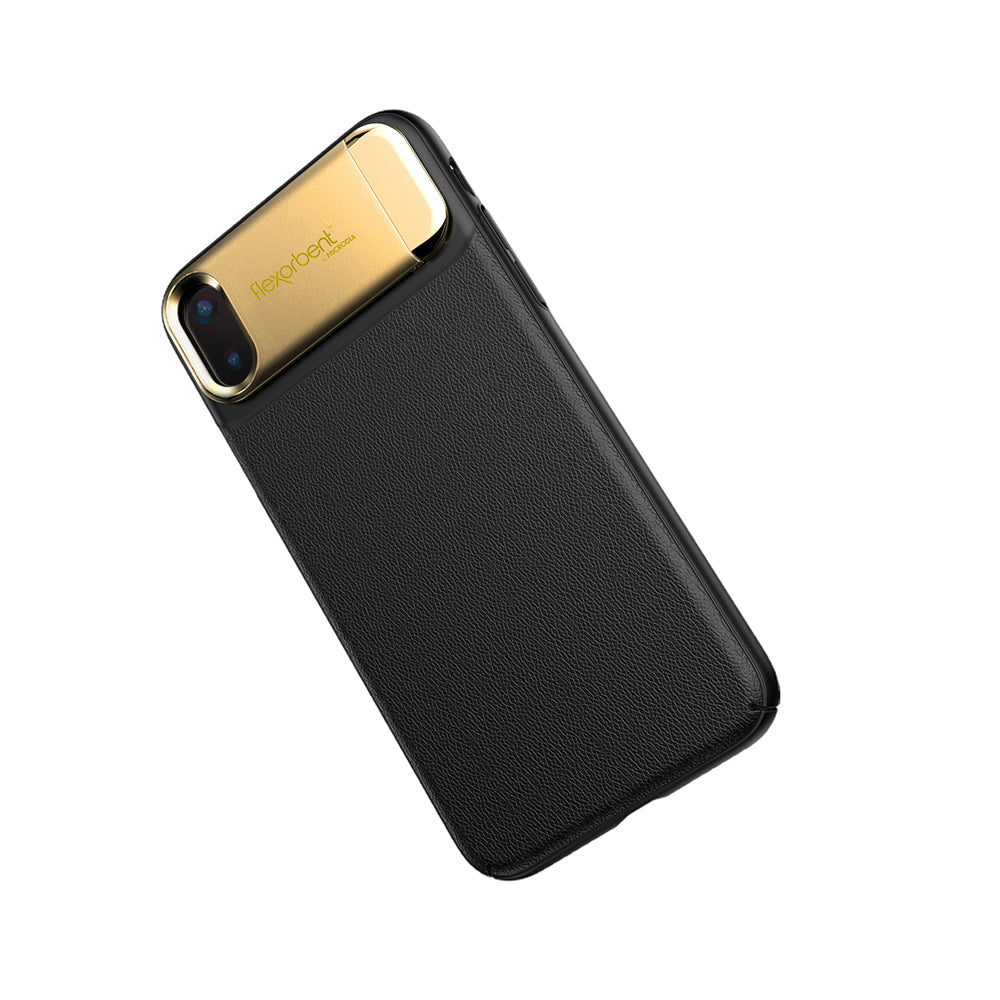 Black Vogue iPhone X case with gold camera surround and kickstand folded