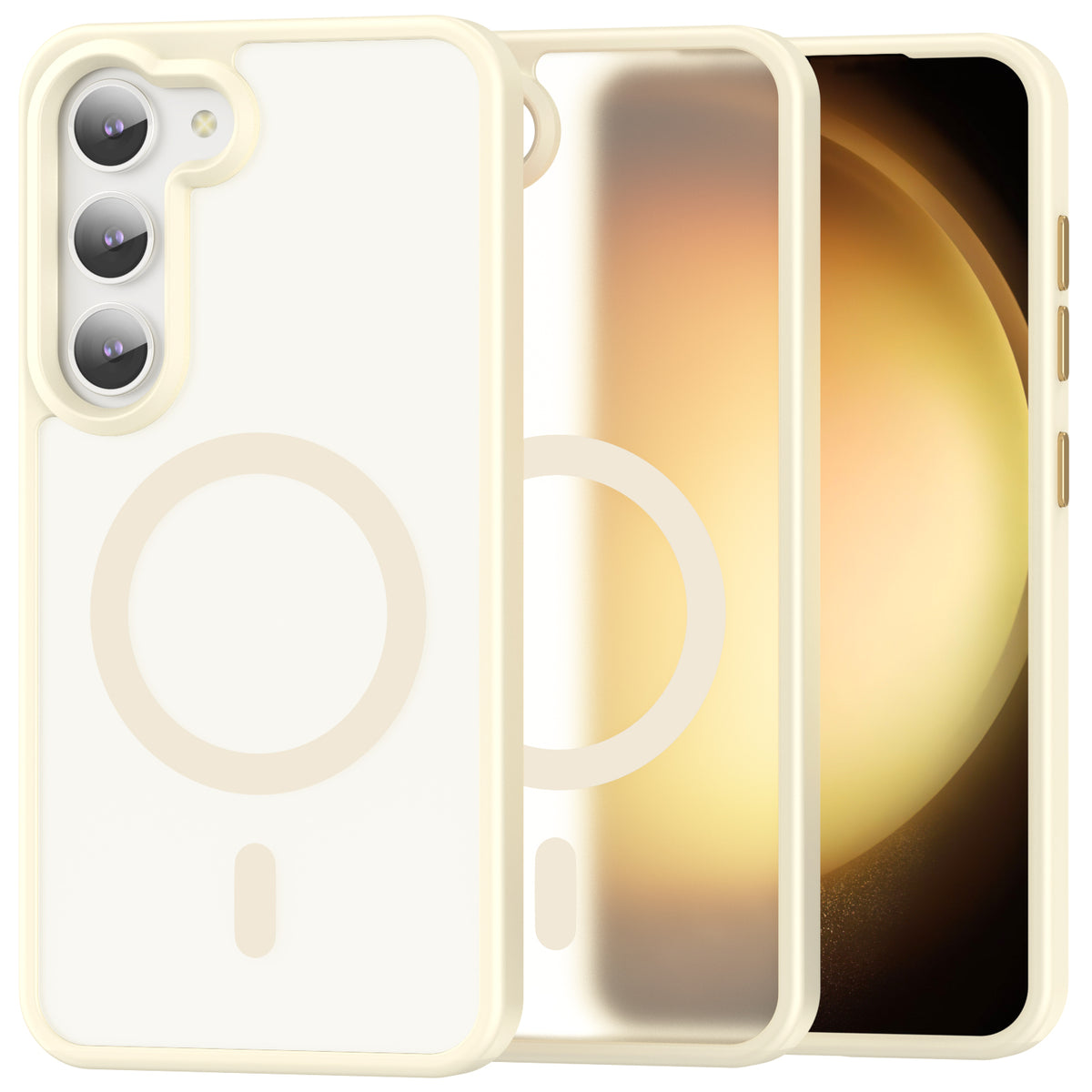 Galaxy S23 Smooth Touch case in beige with its frosted back, overlapping the phone