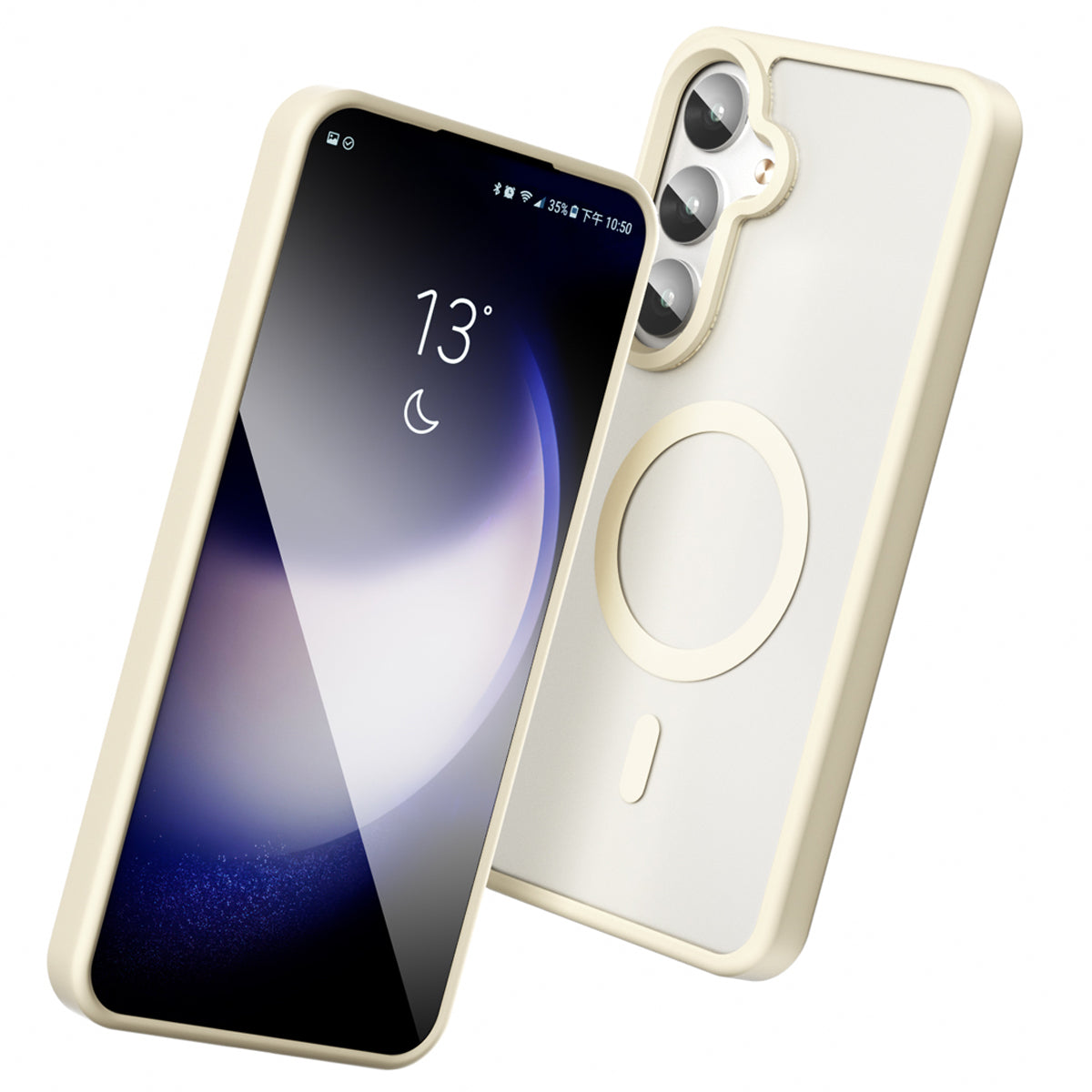 Galaxy S24 Smooth Touch MagSafe case in beige with frosted back, angled beside the screen