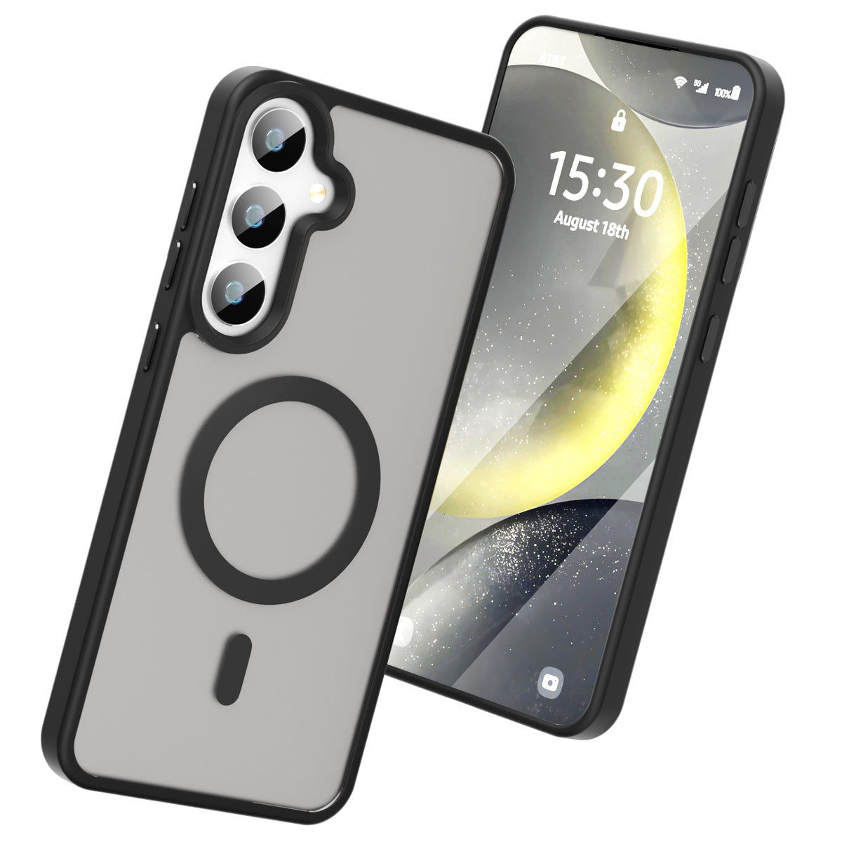 Galaxy S24+ Smooth Touch MagSafe case in black with frosted back, angled beside the screen