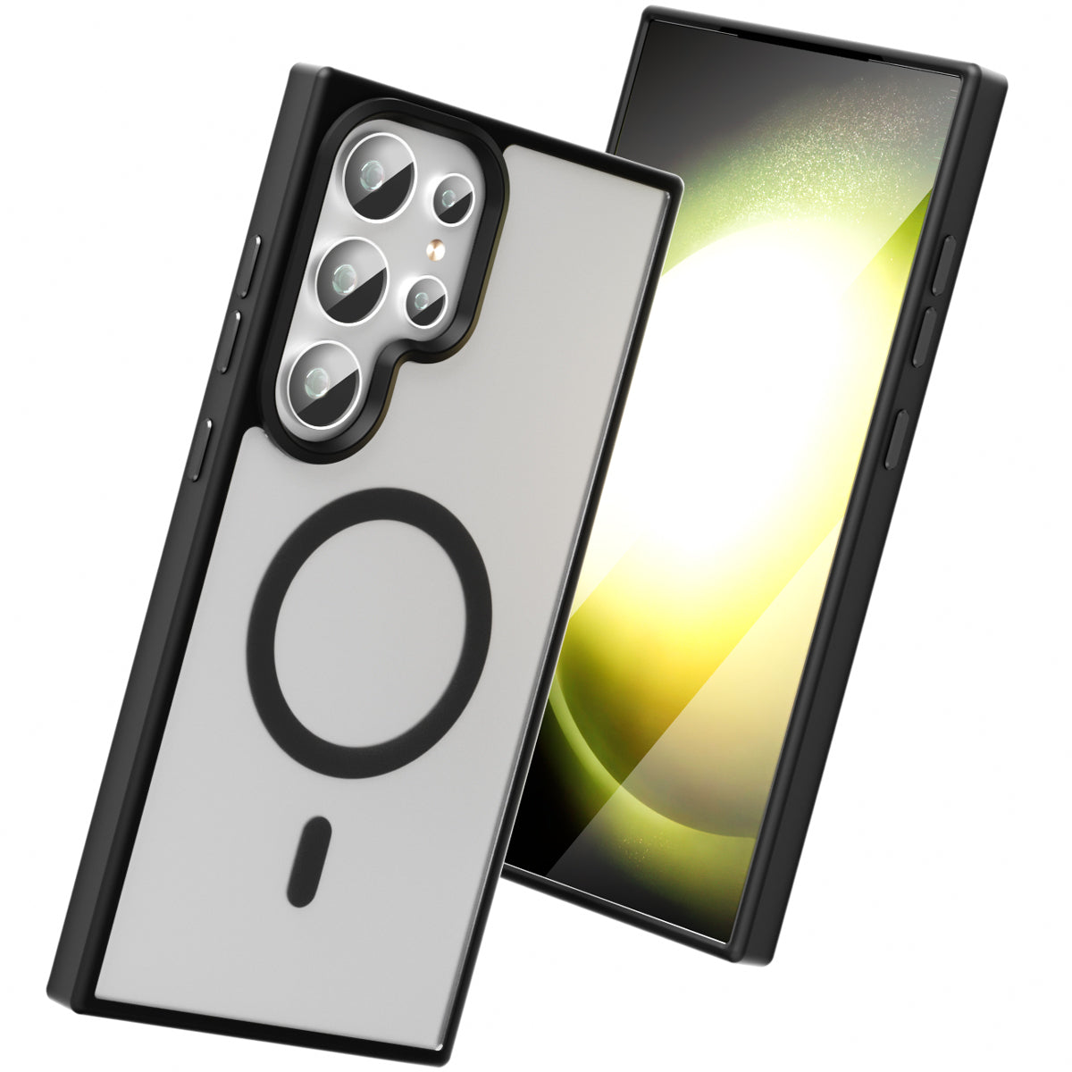 Galaxy S24 Ultra Smooth Touch MagSafe case in black with frosted back, angled beside the screen