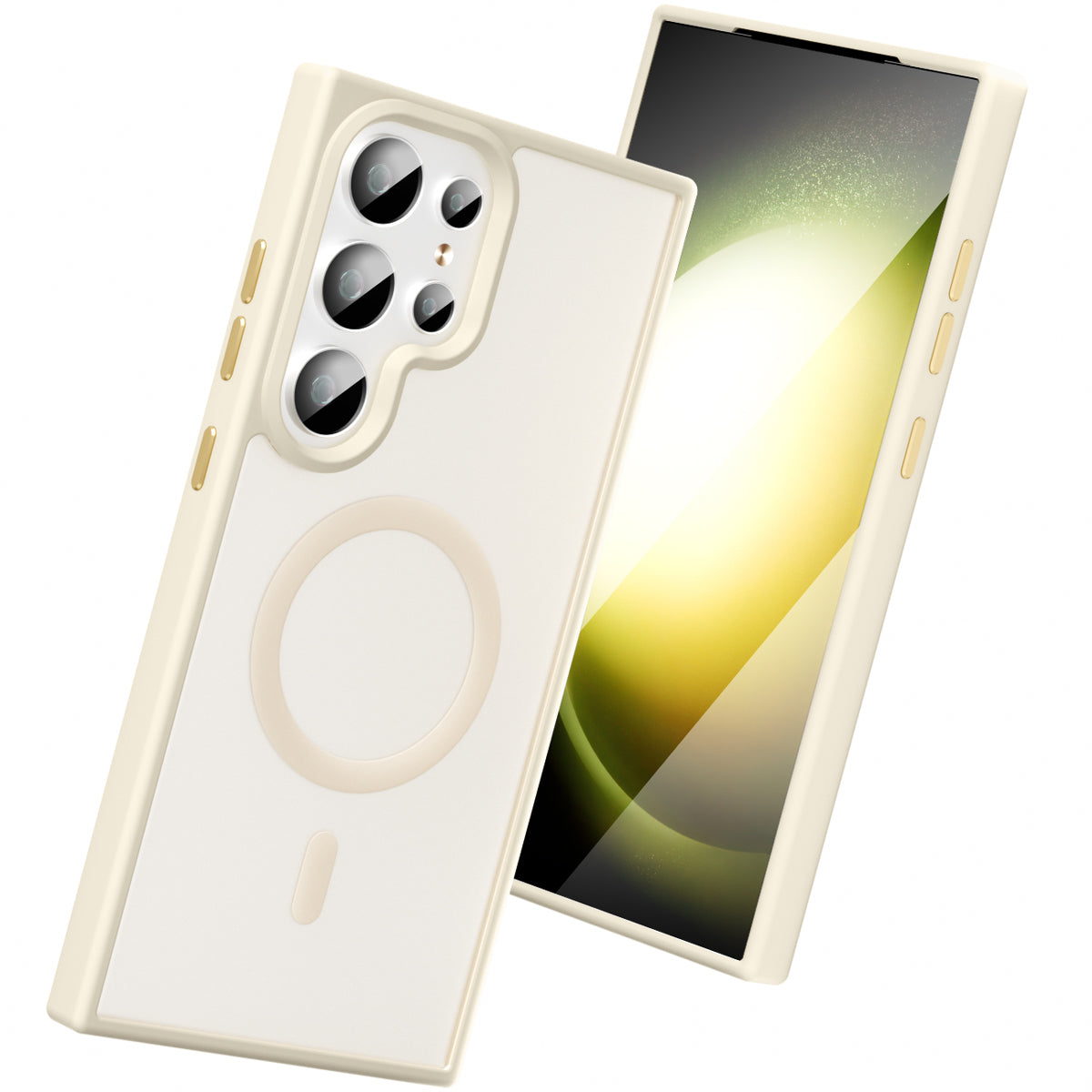 Galaxy S24 Ultra Smooth Touch MagSafe case in beige with frosted back, angled beside the screen