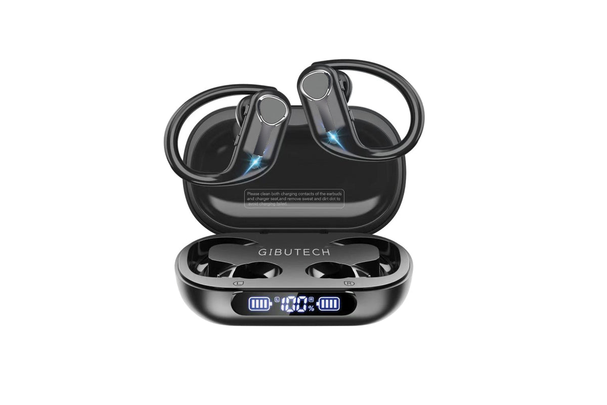 Gibutech AuraliX sports earbuds with ear hooks in their charging case with LED battery display