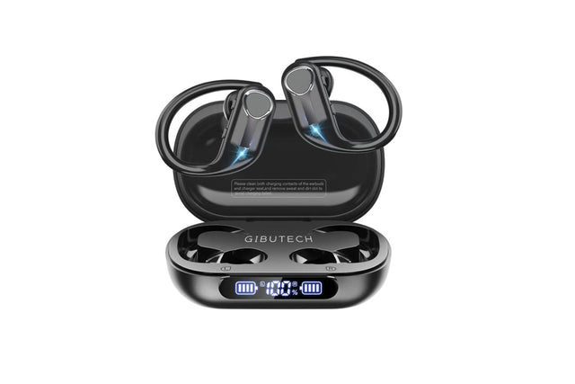 Gibutech AuraliX Sports earbuds in charging case showing digital LED display at 100% charge
