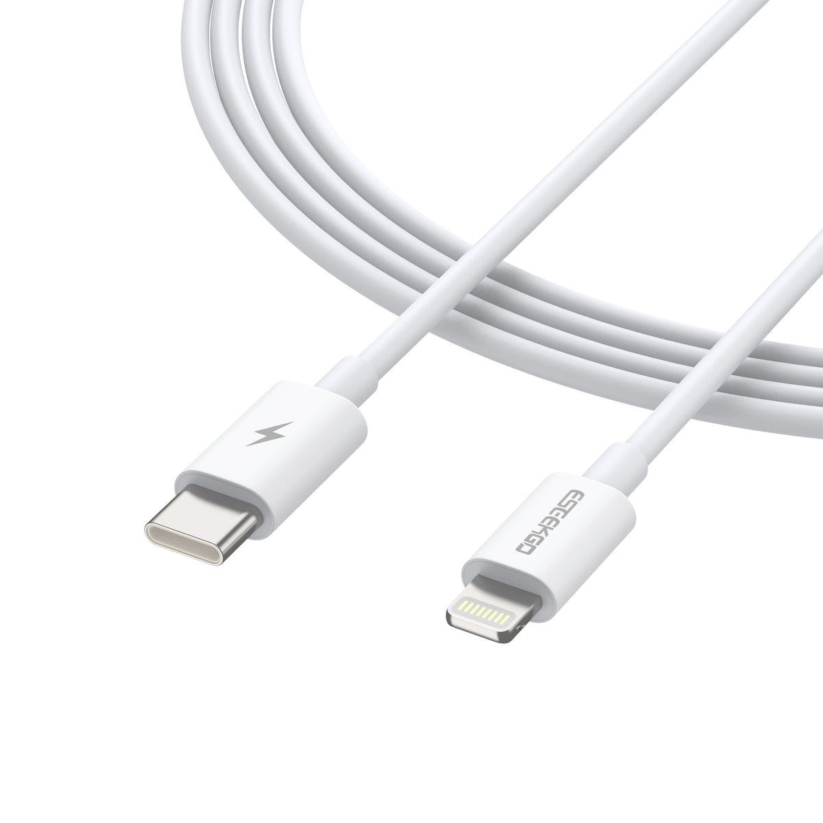 White Eseekgo 27W Lightning to USB-C cable, close-up of both connectors