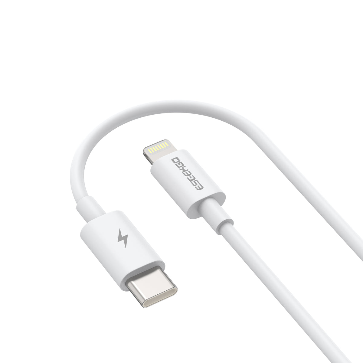 USB-C and Lightning connectors of the white 27W cable, looped