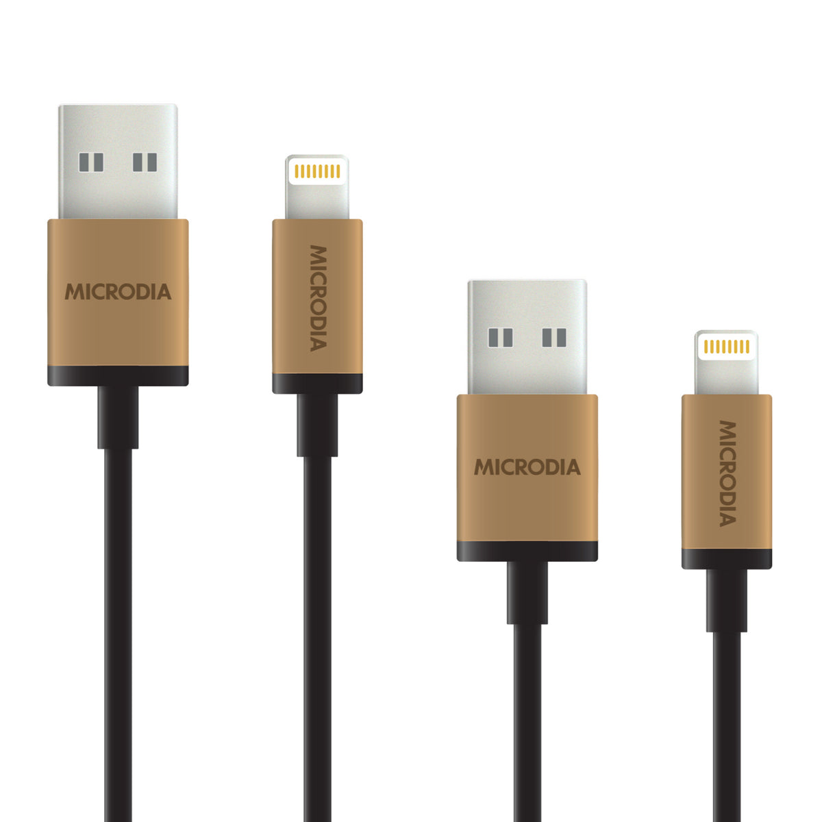Gold Fruitywire 2m and 20cm Lightning to USB-A cables, connectors upright