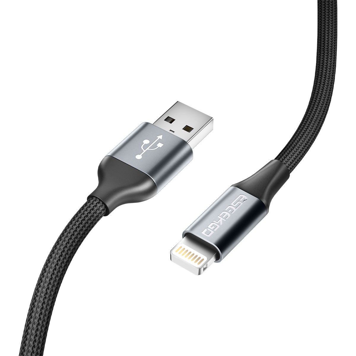 Close-up of the USB-A and Lightning metal connector housings on the black braided cable
