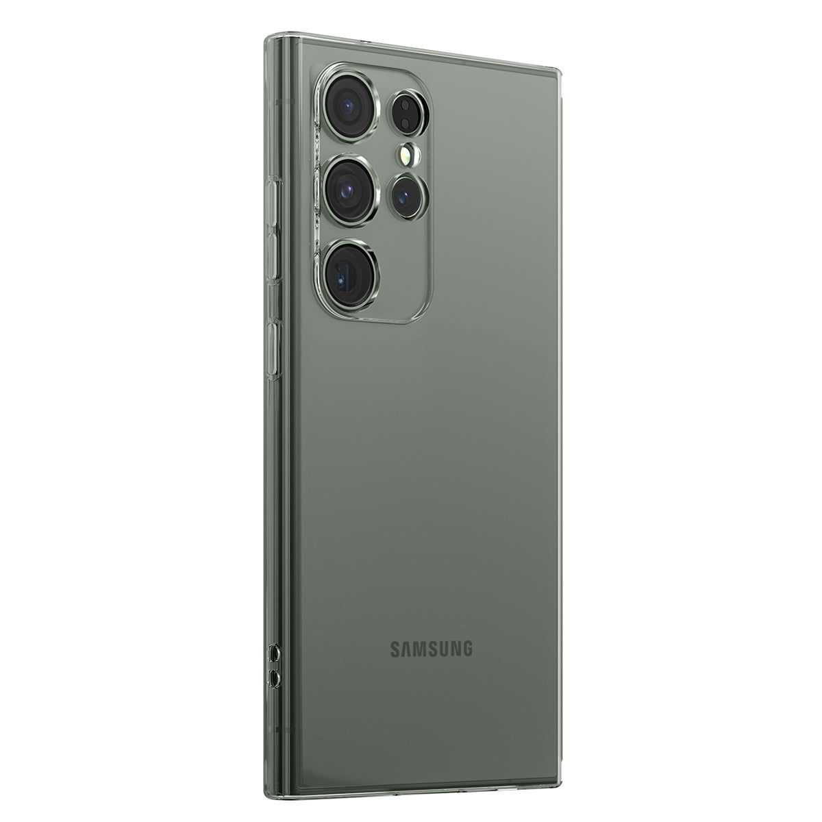Back of a green Galaxy S23 Ultra in the thin transparent case