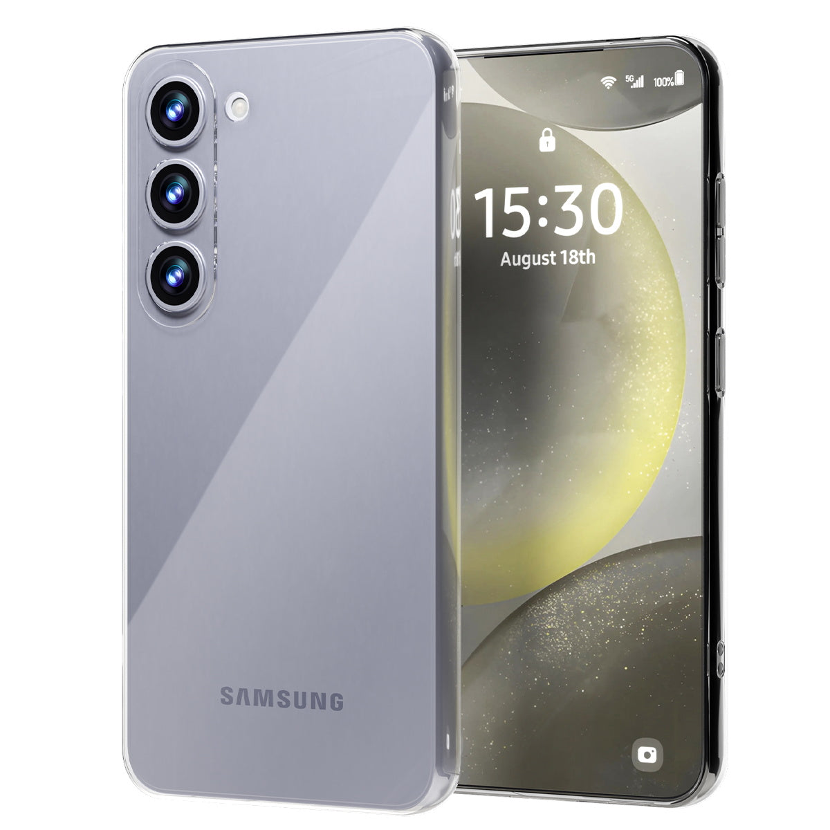 Lavender Galaxy S24 or S24+ in the thin transparent case, screen side behind