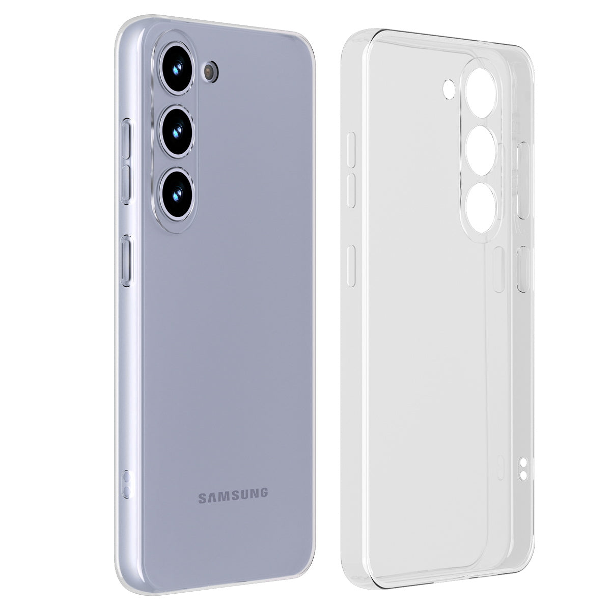 Lavender Galaxy S24 or S24+ in the thin transparent case, beside the empty case