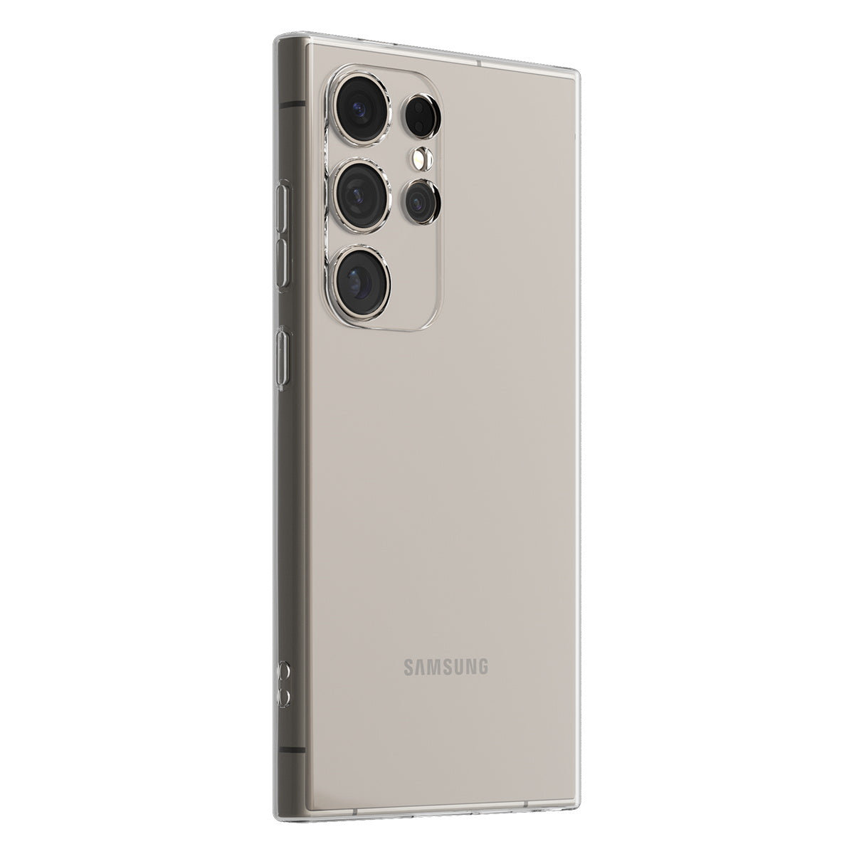 Back of a titanium Galaxy S24 Ultra in the thin transparent case