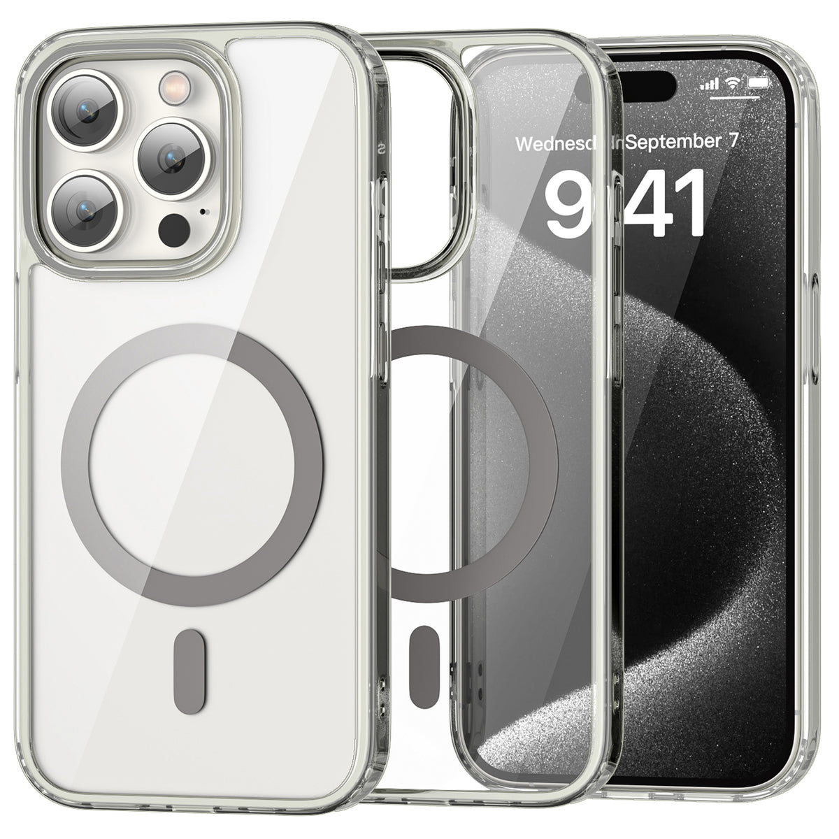 iPhone 15 Pro Max clear MagSafe case with titanium grey frame beside the iPhone it fits