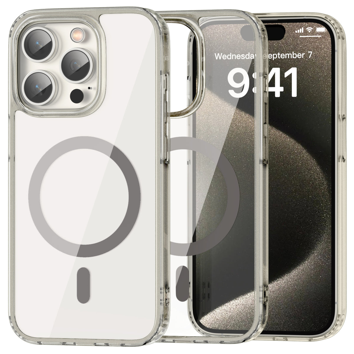 iPhone 15 Pro clear MagSafe case with titanium grey frame beside the iPhone it fits