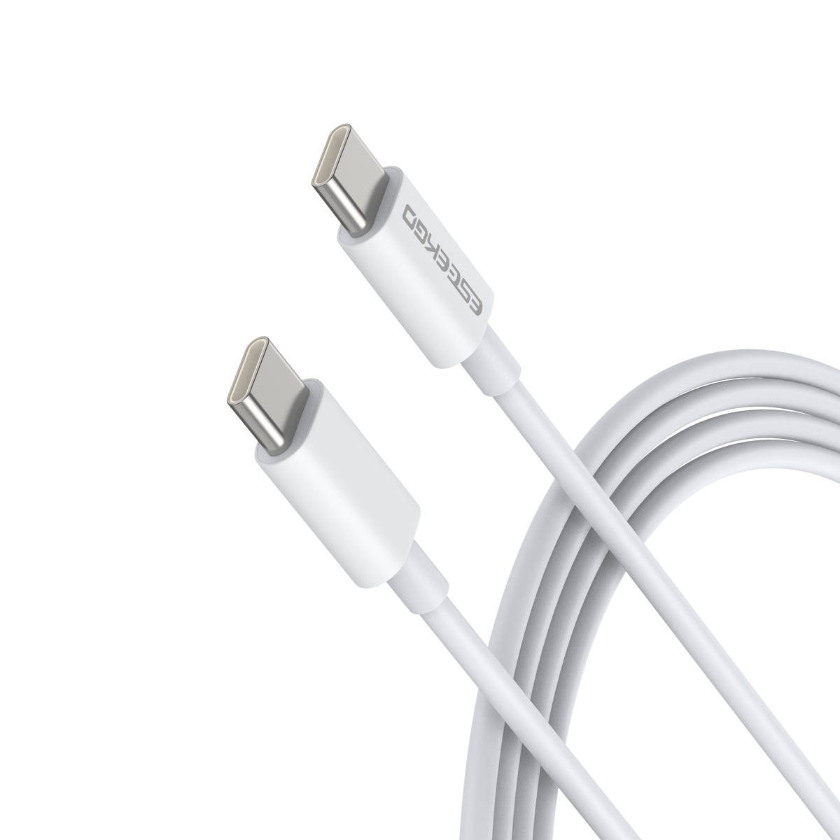 White Eseekgo 66W USB-C to USB-C cable, both connectors on a black background