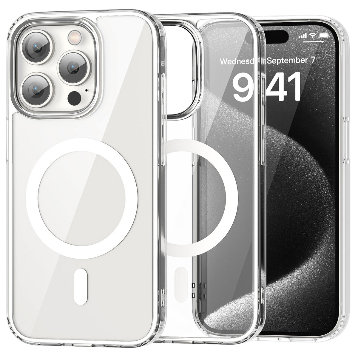 iPhone 15 Pro Max clear MagSafe case with white frame beside the iPhone it fits
