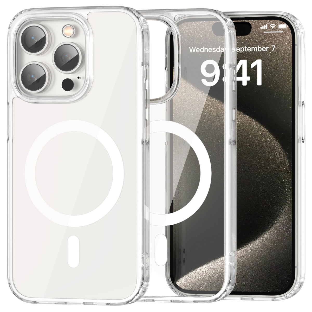 iPhone 15 Pro clear MagSafe case with white frame beside the iPhone it fits