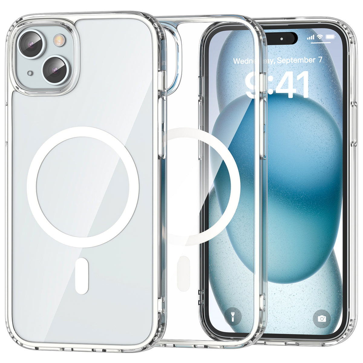 iPhone 15 clear MagSafe case with white frame beside the iPhone it fits