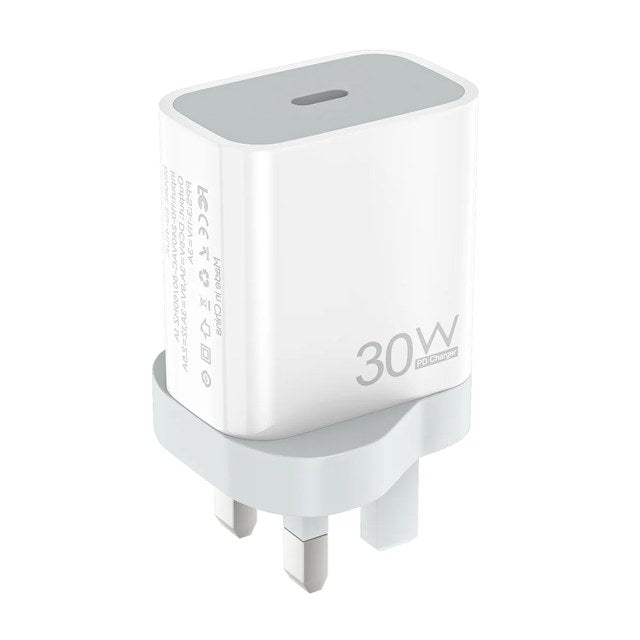 ESEEKGO 30W GaN USB-C wall charger in white with 30W PD Charger branding, compact body, UK 3-pin foldable plug