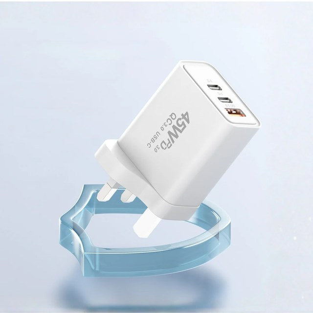ESEEKGO 45W GaN triple-port wall charger in white with 2x USB-C PD and 1x USB-A QC 3.0 ports, UK 3-pin plug, floating on blue glass ring