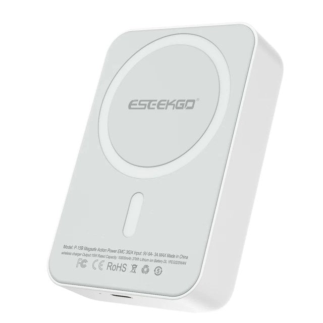 ESEEKGO 10,000mAh 15W magnetic wireless power bank in white with MagSafe-compatible circle, USB-C PD port visible at base, and ESEEKGO branding — dual-output for charging two devices simultaneously