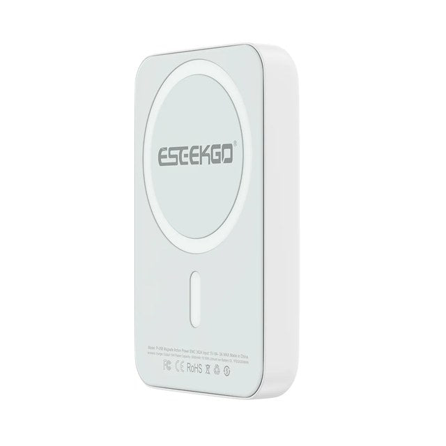 ESEEKGO 5,000mAh 15W magnetic wireless power bank in white with MagSafe-compatible circle, ESEEKGO branding, and slim pocket-friendly design