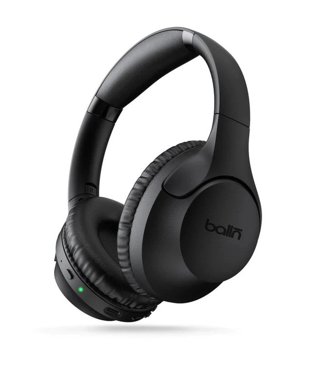 balln audio Lifestyle Pro wireless over-ear headphones in black with balln branding, green LED indicator, and cushioned ear cups — hybrid ANC with Bluetooth multipoint