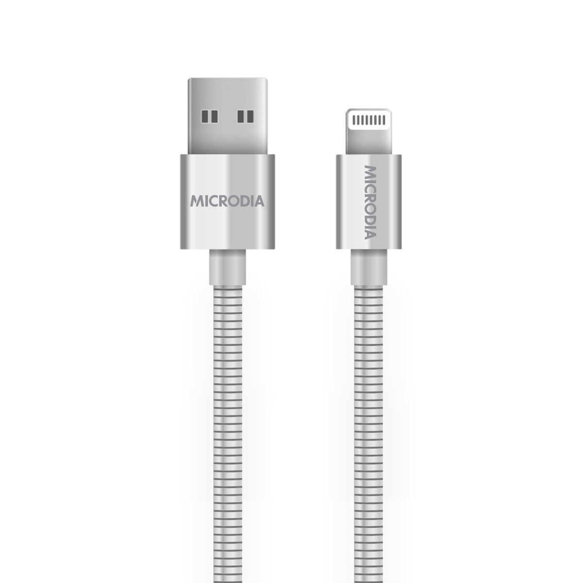 Silver DurCable stainless steel Lightning to USB-A cable, connectors upright