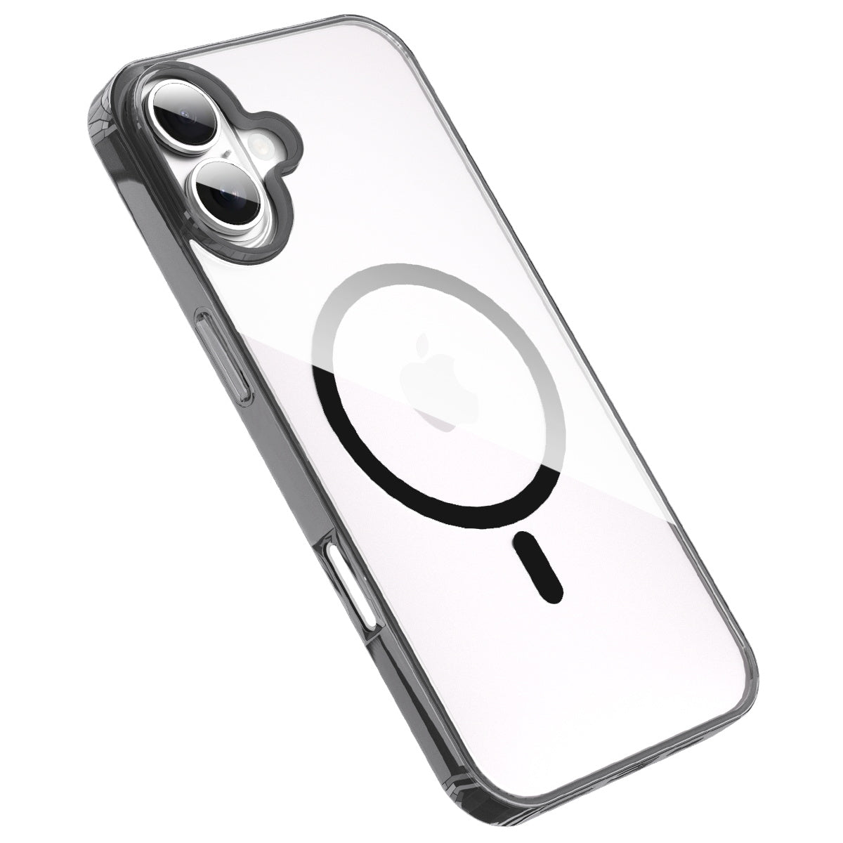 iPhone 16 Plus clear MagSafe case with black frame, angled view of the back