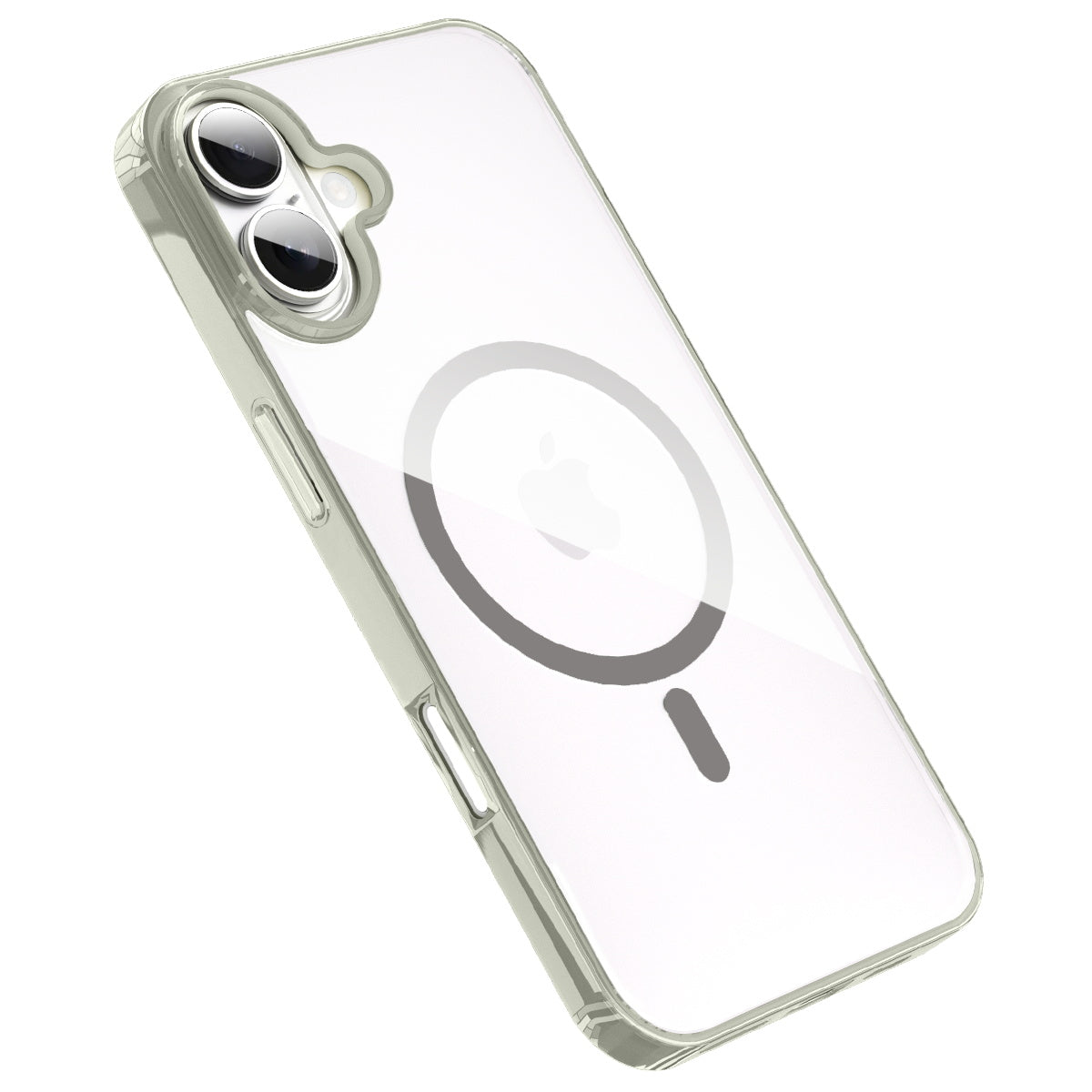 iPhone 16 Plus clear MagSafe case with titanium grey frame, angled view of the back