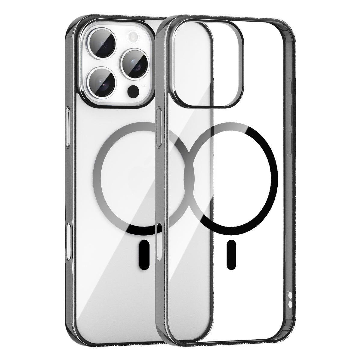 Two iPhone 16 Pro Max clear MagSafe cases with black frames, back and front