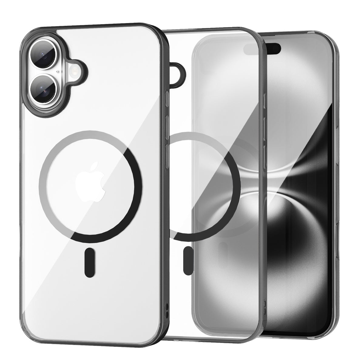 iPhone 16 clear MagSafe case with black frame beside the iPhone it fits