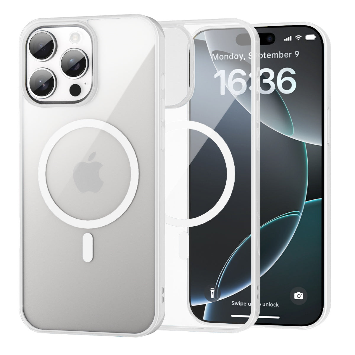 iPhone 16 Pro clear MagSafe case with white frame beside the iPhone it fits