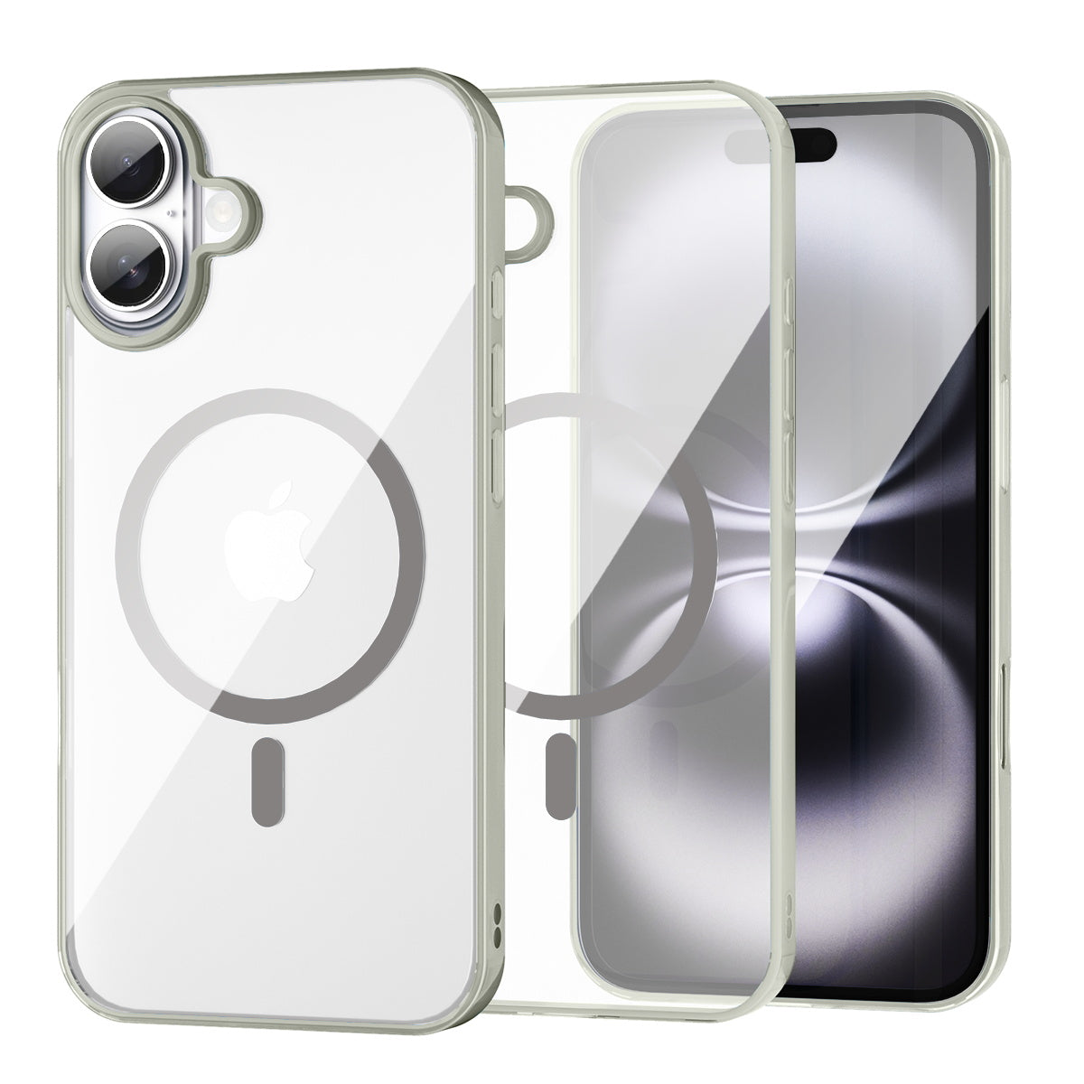 iPhone 16 clear MagSafe case with titanium grey frame beside the iPhone it fits