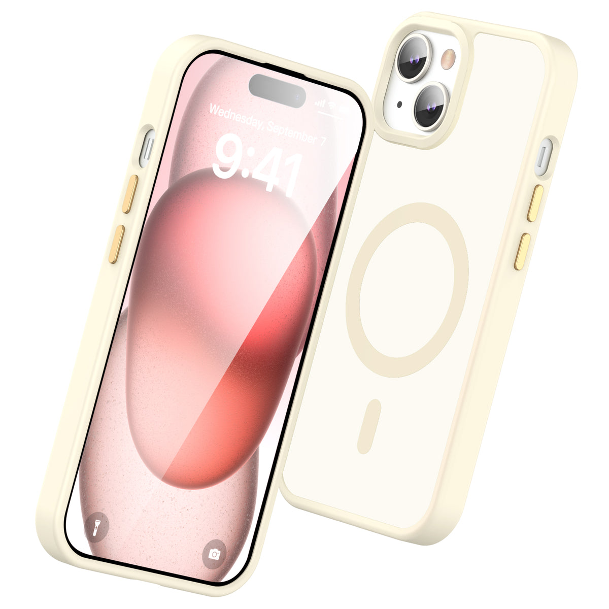 iPhone 15 Smooth Touch MagSafe case in beige with frosted back, angled beside the screen
