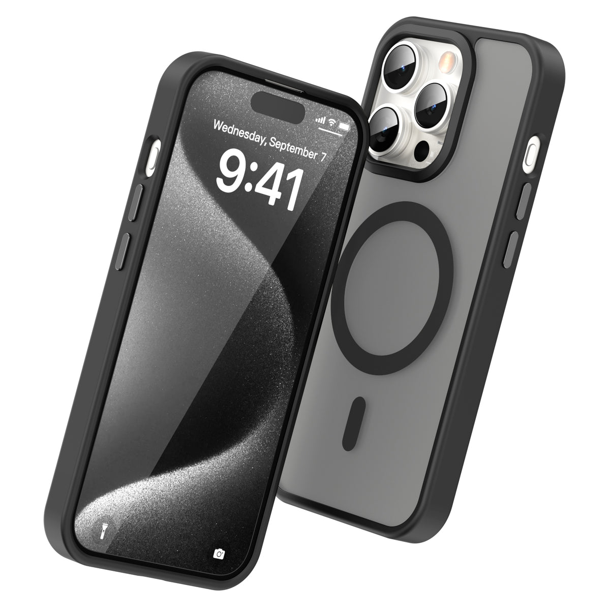 iPhone 15 Pro Smooth Touch MagSafe case in black with frosted back, angled beside the screen