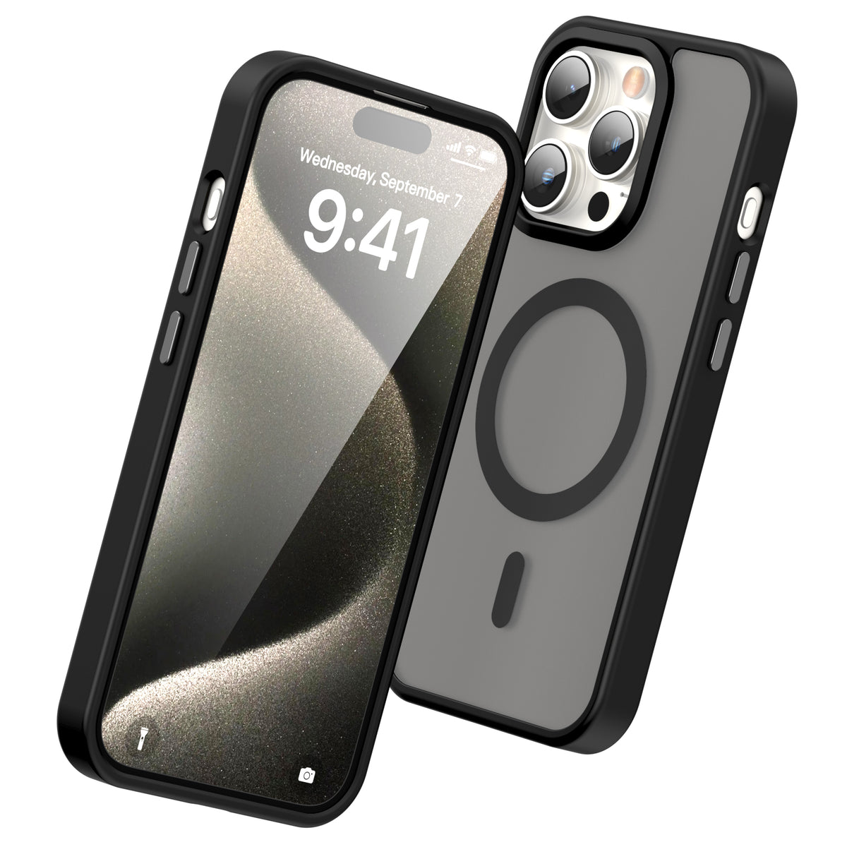 iPhone 15 Pro Max Smooth Touch MagSafe case in black with frosted back, angled beside the screen