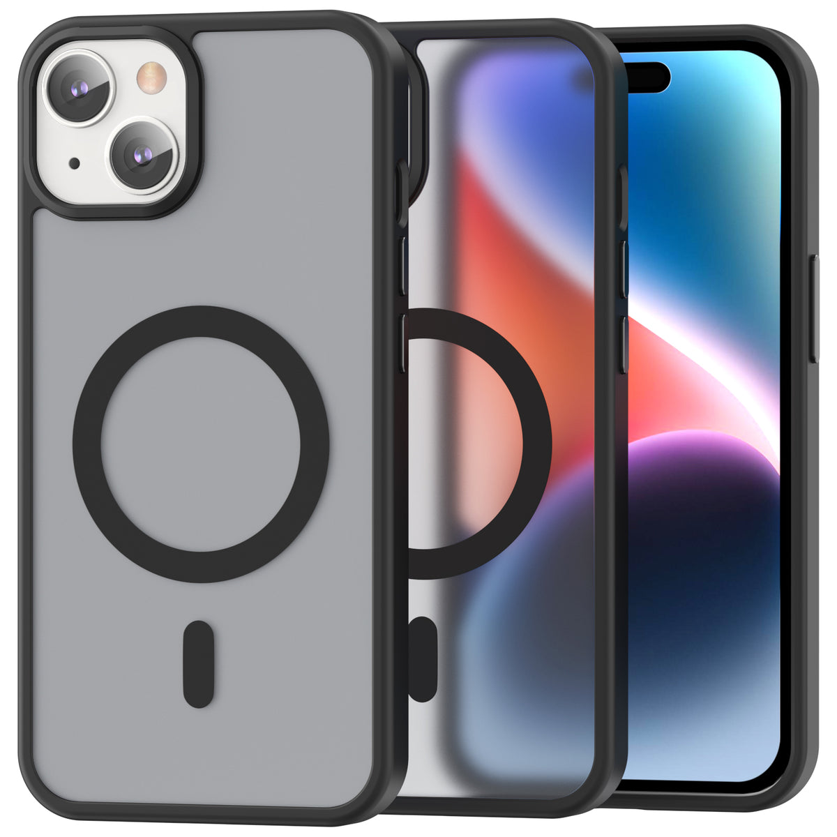 iPhone 14 Smooth Touch case in black with its frosted back, overlapping the phone