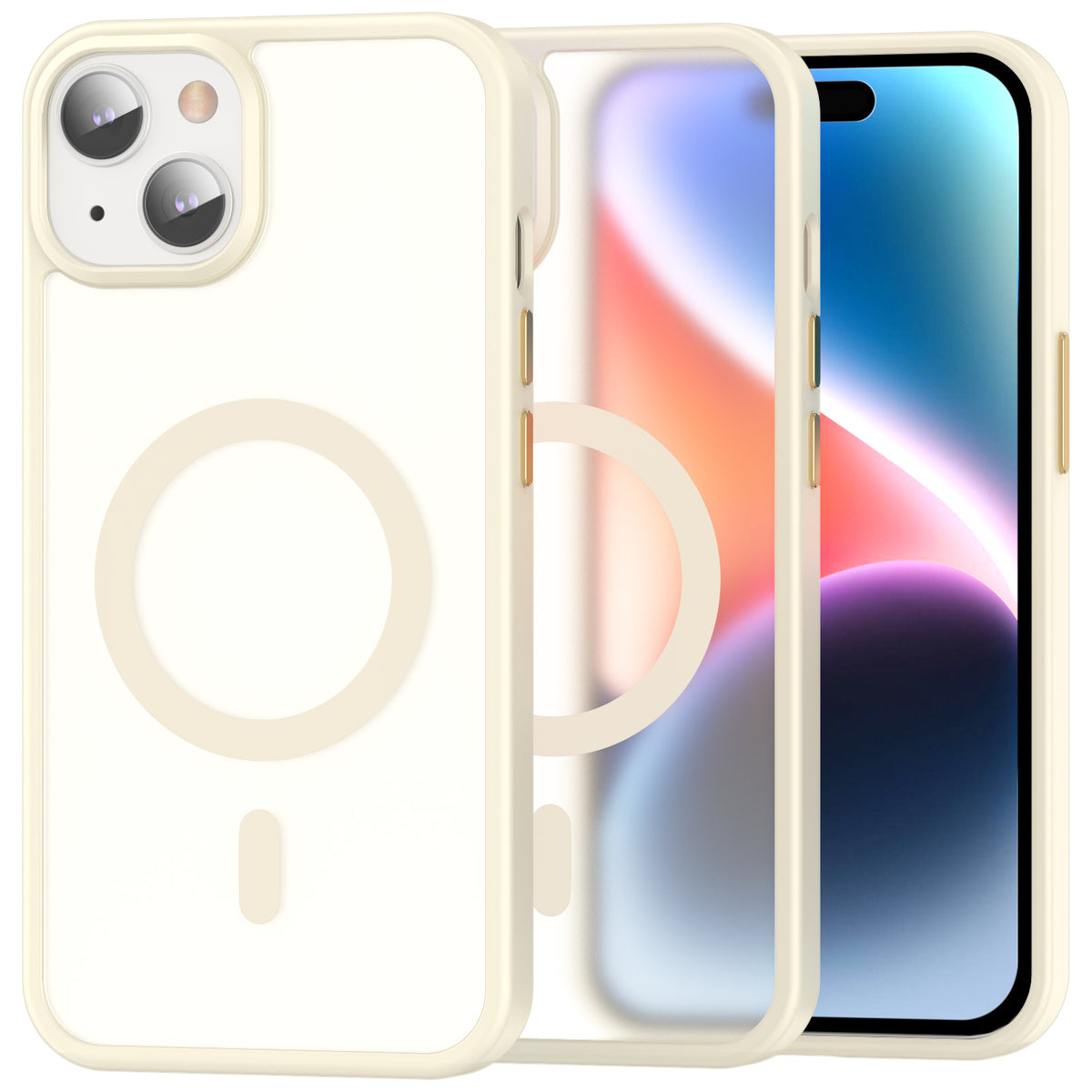 iPhone 14 Smooth Touch case in beige with its frosted back, overlapping the phone
