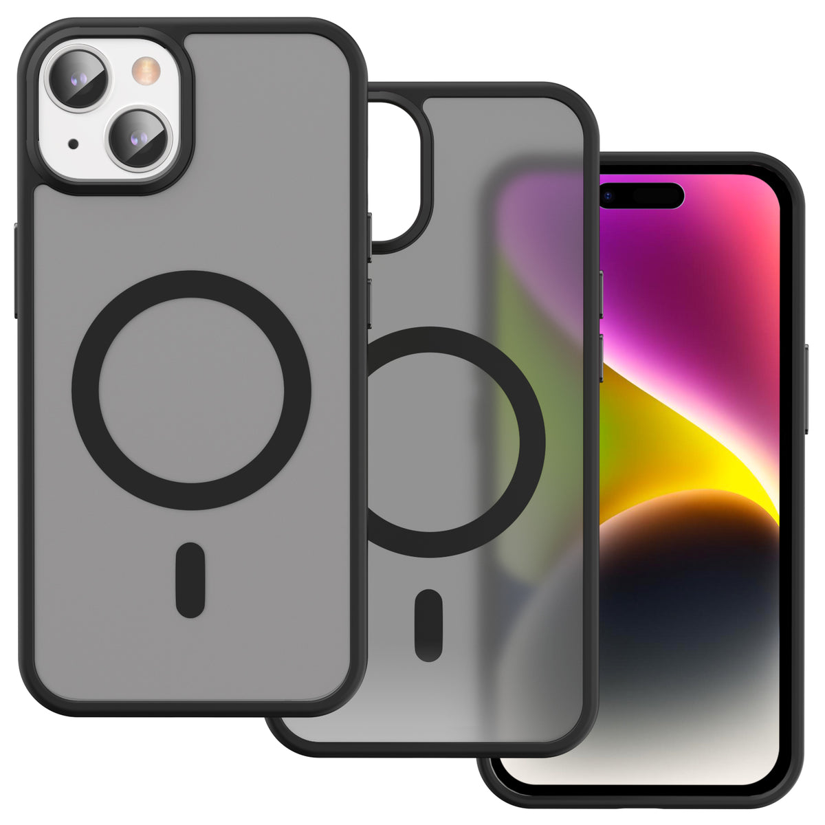 iPhone 14 Plus Smooth Touch case in black shown in layers: frame, frosted back and phone