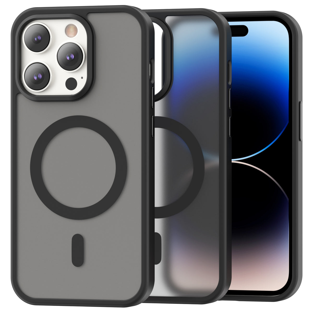 iPhone 14 Pro Smooth Touch case in black with its frosted back, overlapping the phone