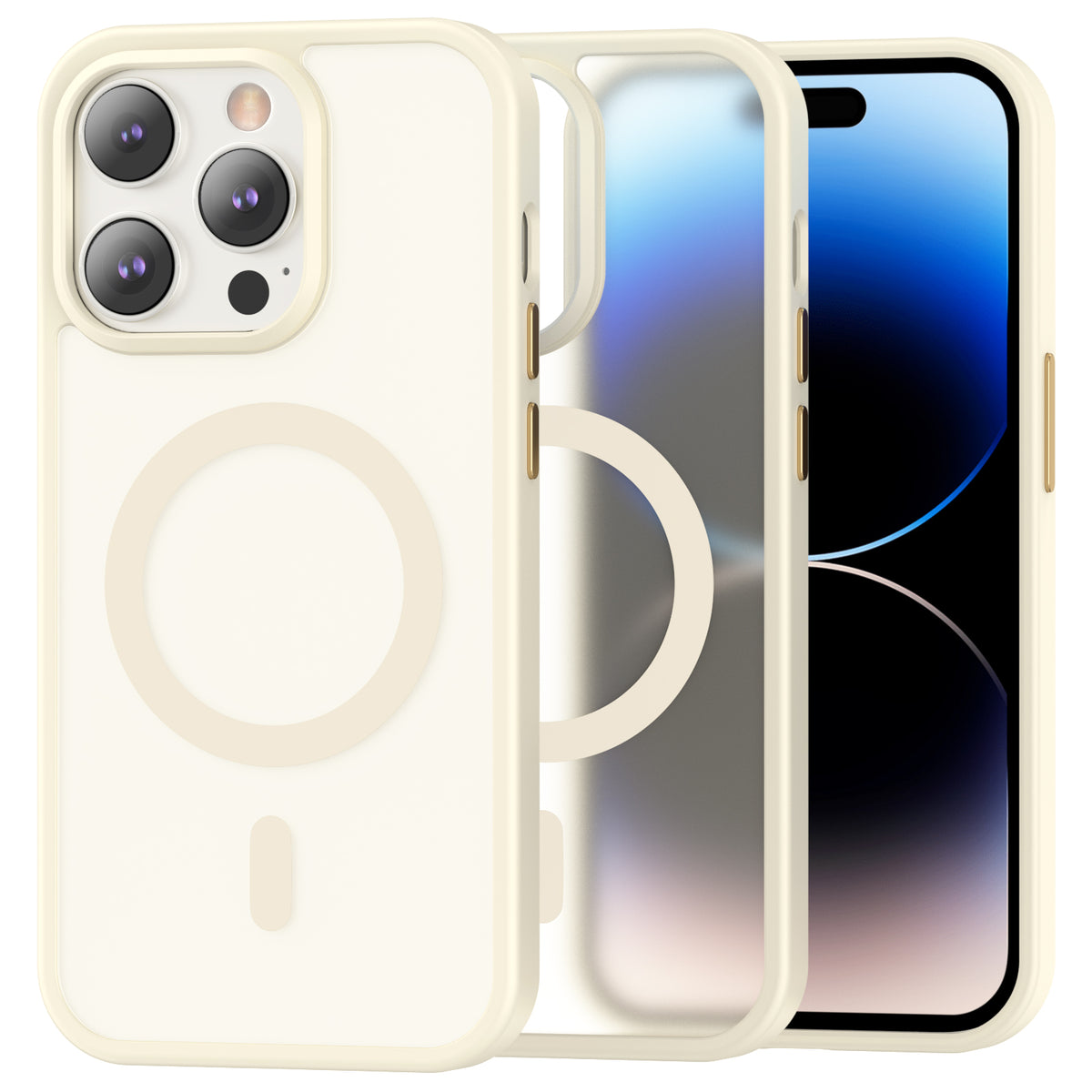 iPhone 14 Pro Smooth Touch case in beige with its frosted back, overlapping the phone