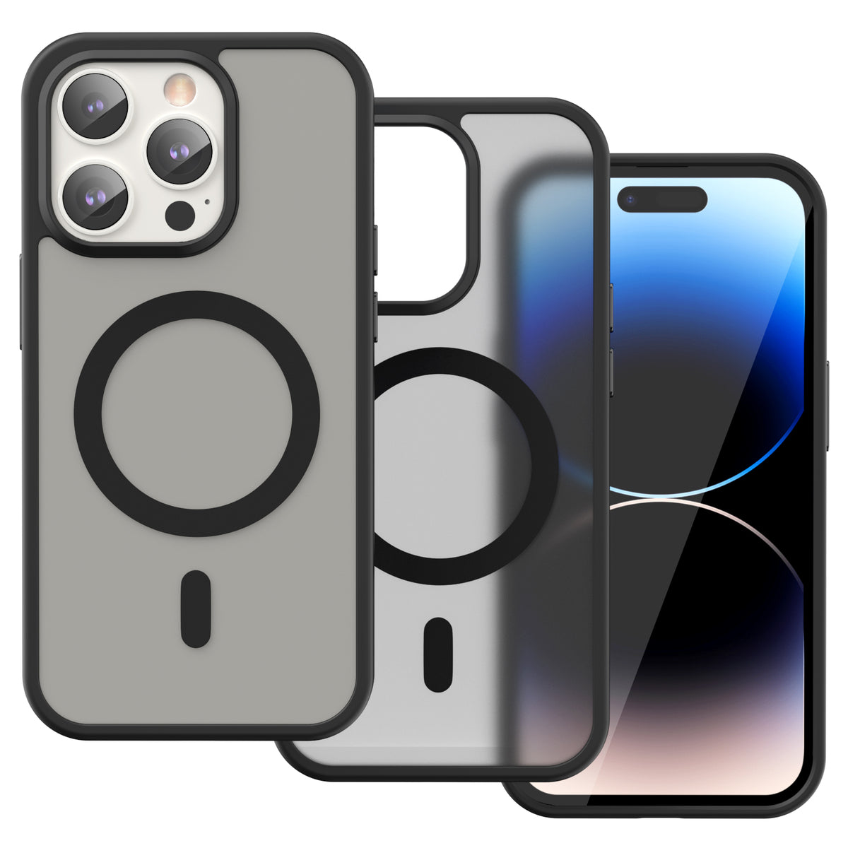 iPhone 14 Pro Max Smooth Touch case in black shown in layers: frame, frosted back and phone