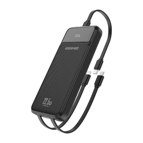 Gibutech 10000mAh 22.5W LED display power bank with built-in USB-C and Lightning cables